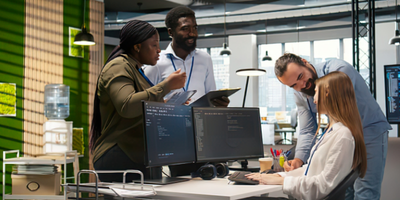 four people talking n office setting