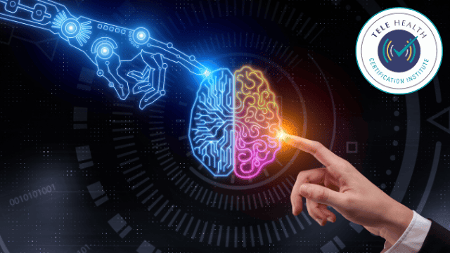 human hand and mechanical hand reaching to each touch an illustrated brain