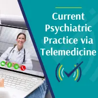 Computer showing virtual meeting with female psychiatrist in her Practice via Telemedicine. virtual meeting